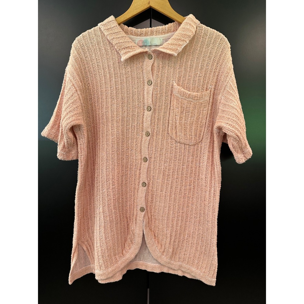 Free People Beach Peach Pink Ribbed Knit Button Down Shirt OB1957597 Womens L